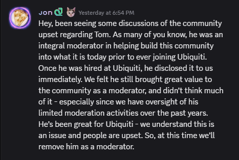 Jon announcement describing prior moderator knowledge of Tom’s Ubiquiti employment
