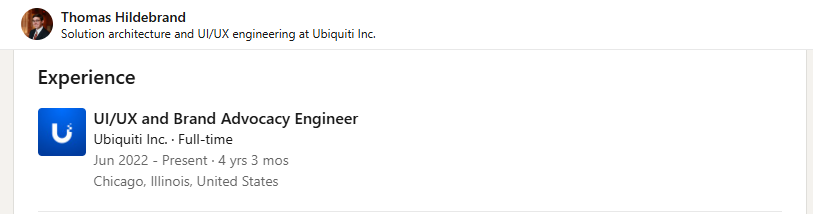 Professional-profile experience capture listing a June 2022 Ubiquiti start month