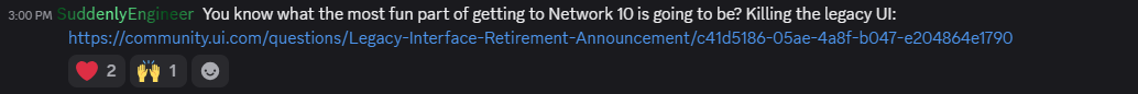 Discord capture of SuddenlyEngineer linking a legacy-interface retirement announcement