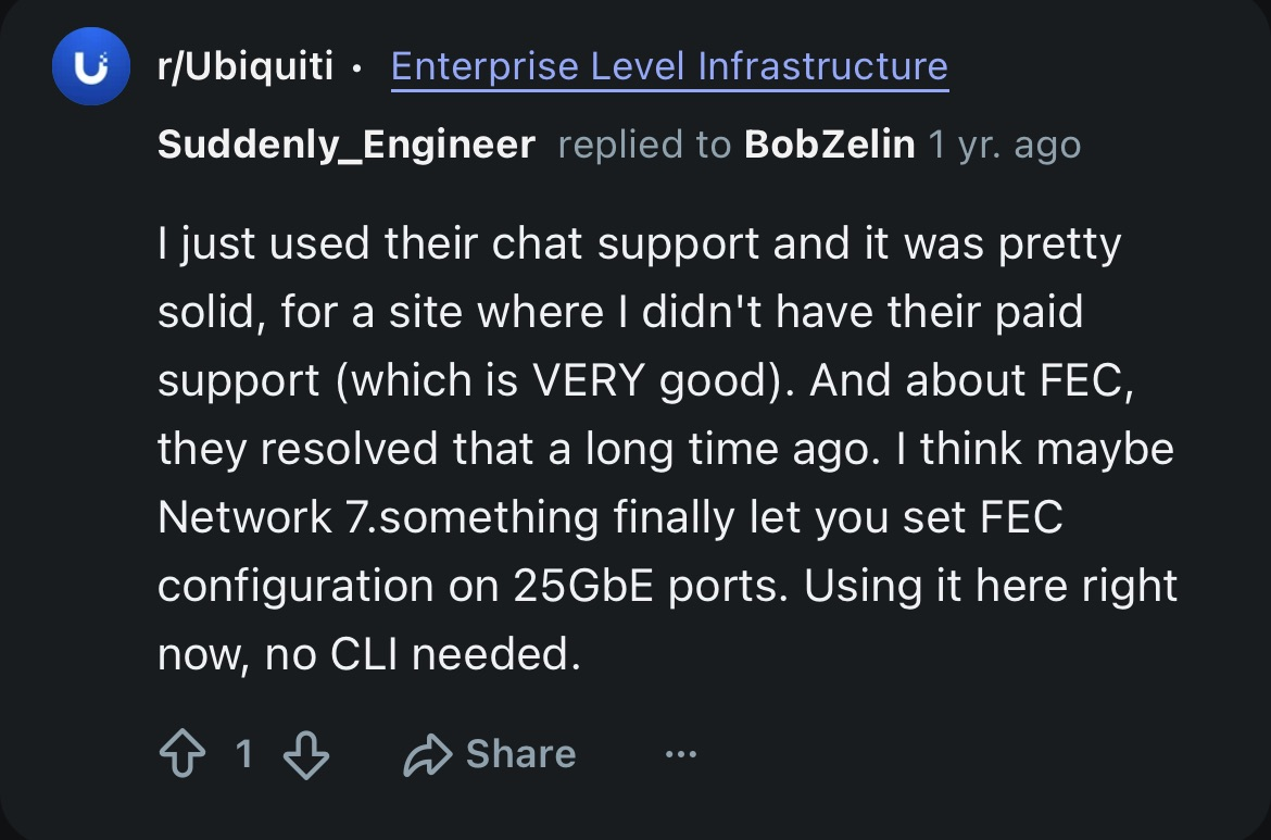 Reddit comment by Suddenly_Engineer in the Ubiquiti community