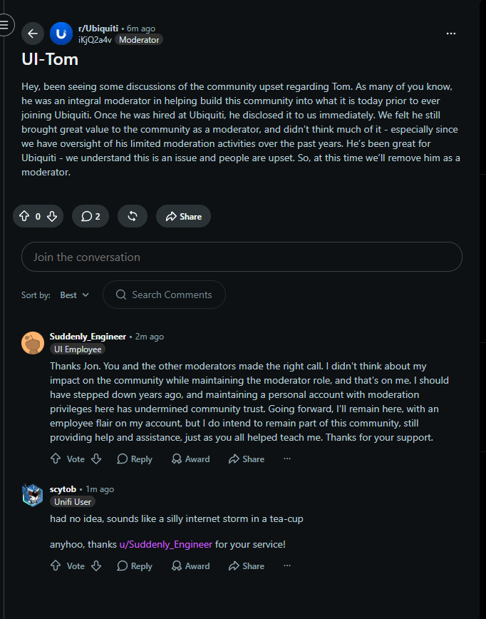 Reddit moderator-removal announcement and Suddenly_Engineer response