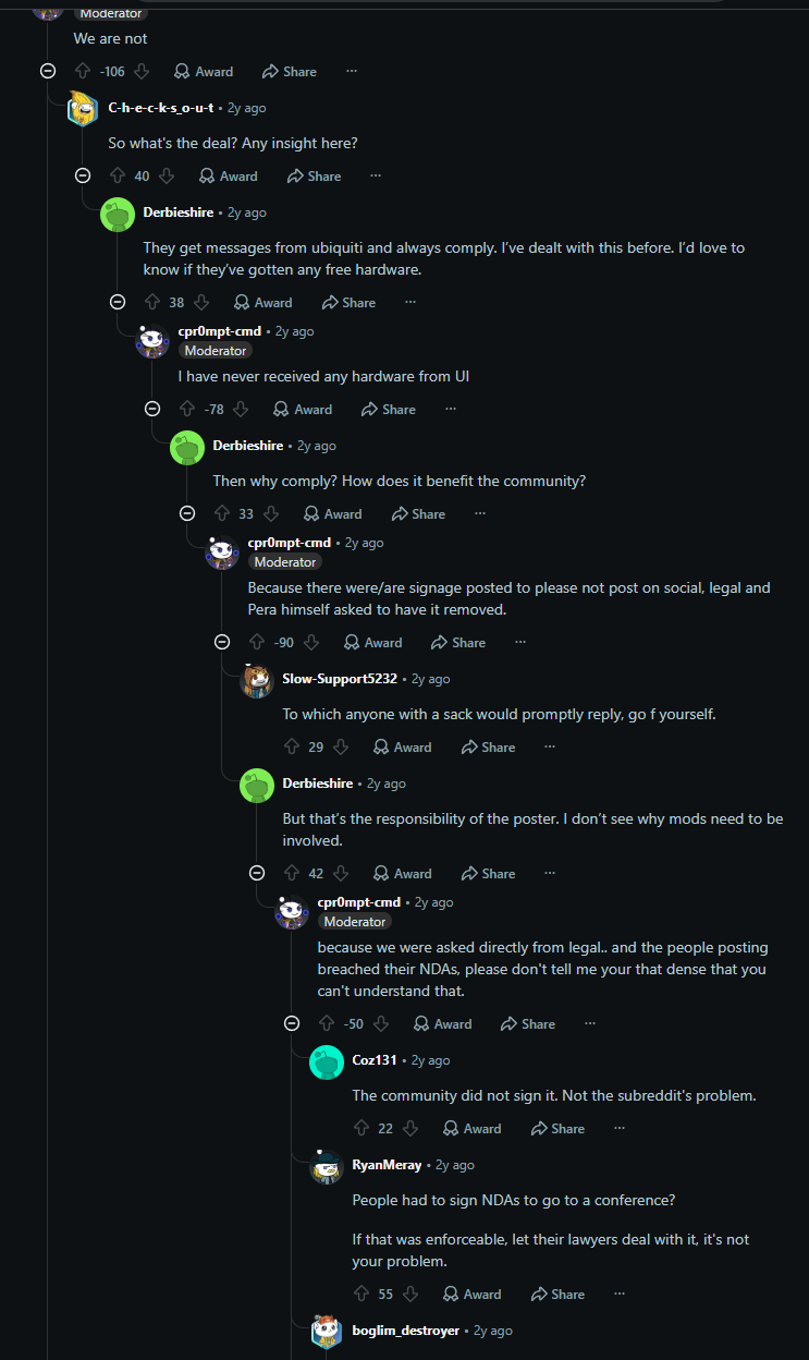 Continuation of the Reddit discussion showing the moderator denying hardware receipt and describing requests from legal and Robert Pera to remove posts