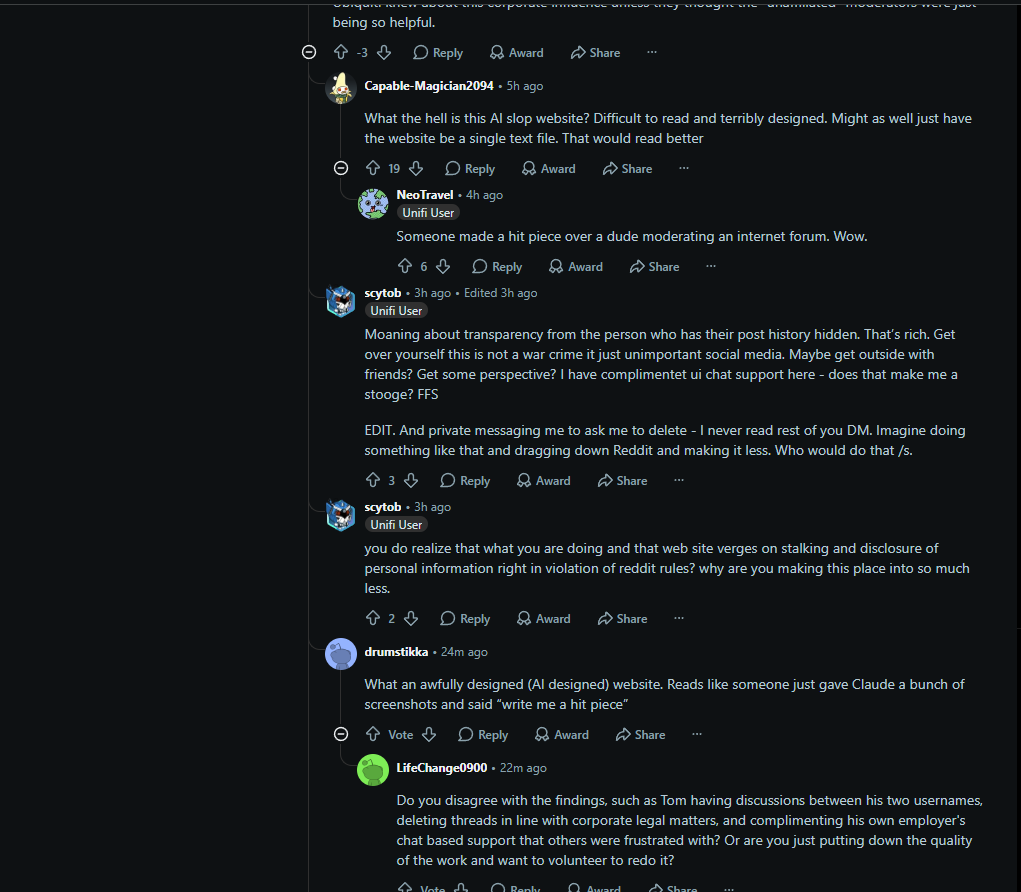 Reddit replies criticizing and defending the linked investigation
