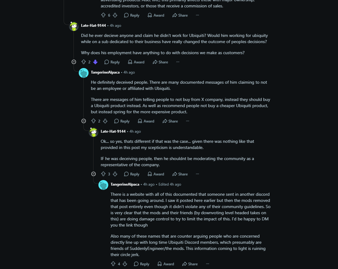 Reddit users debate deception, product recommendations, and removal of a website link
